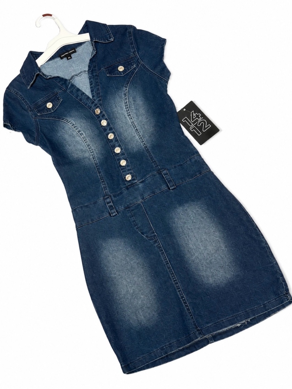 1412 Dark Wash Denim Shirt Dress NWT Size Small Button Front Stretch